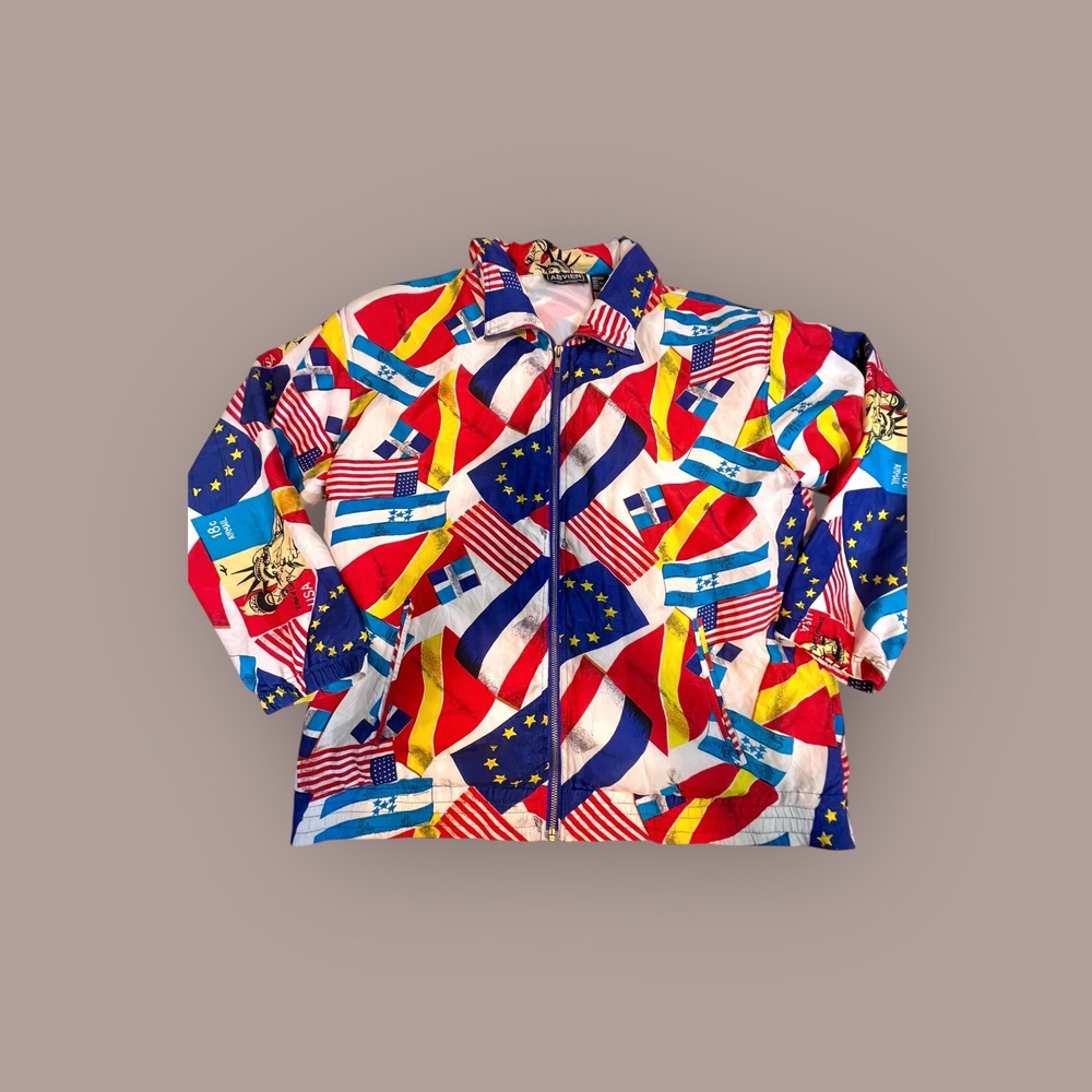 ABVIEN Medium Silk Flag Print Bomber Jacket Womens‎ Multicolor Excellent Vintage